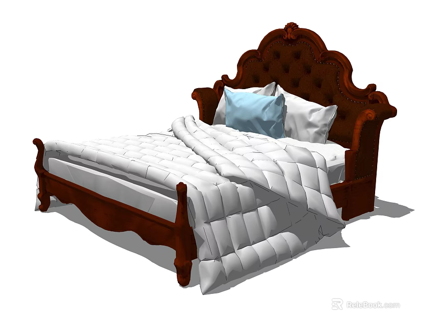 Classic Carved Wooden Double Bed With White Quilt And Blue White Pillows 3d model 