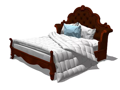 Classic Carved Wooden Double Bed With White Quilt And Blue White Pillows 3d model