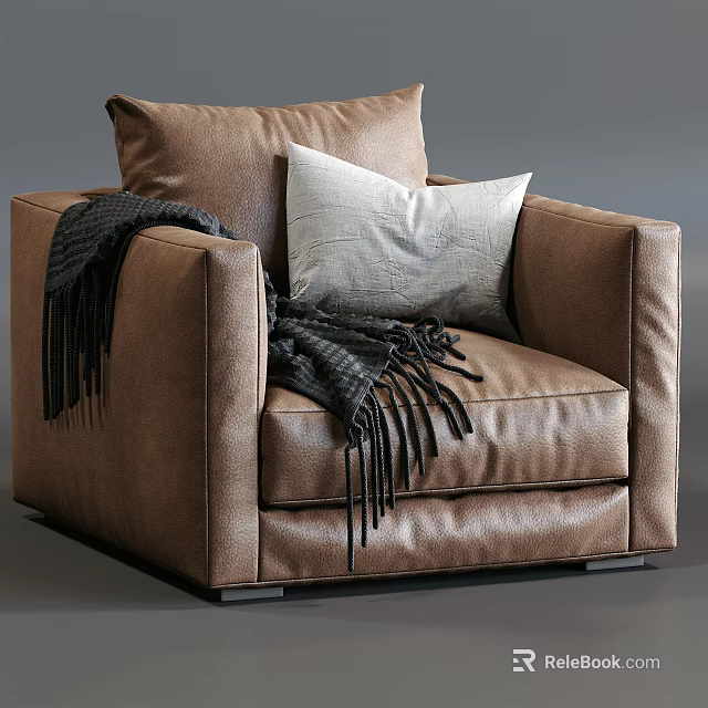Modern Brown Leather Single Sofa With Gray Pillow And Dark Throw Blanket 3d model