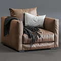 Modern Brown Leather Single Sofa With Gray Pillow And Dark Throw Blanket 3d model