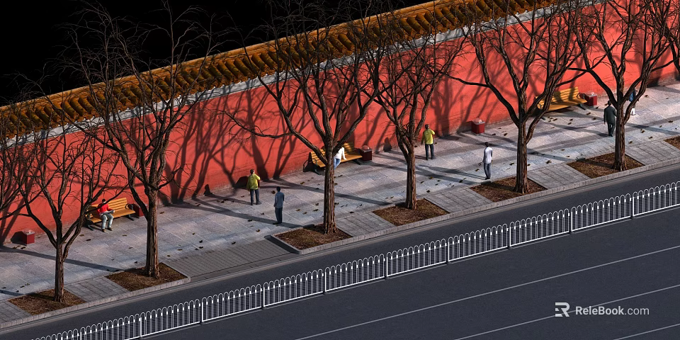 Urban Road Facilities Along Sidewalk With Red Wall Trees Benches And White Guardrails 3d model 