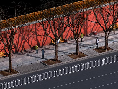 Urban Road Facilities Along Sidewalk With Red Wall Trees Benches And White Guardrails 3d model