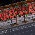 Urban Road Facilities Along Sidewalk With Red Wall Trees Benches And White Guardrails