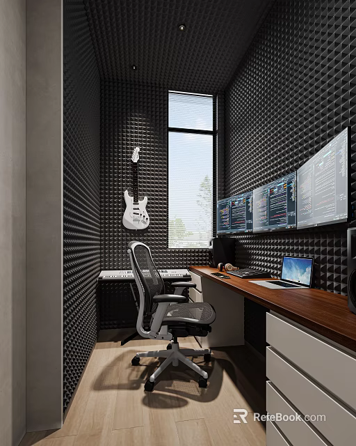 Modern Home Studio Interior With Acoustic Panels Guitar And Monitors 3d model 