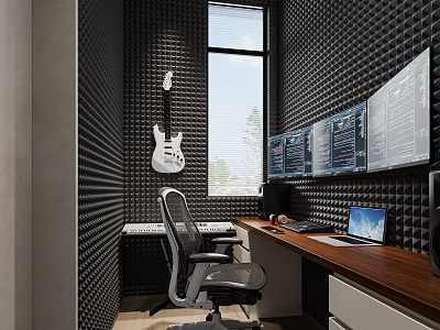 Modern Home Studio Interior With Acoustic Panels Guitar And Monitors 3d model
