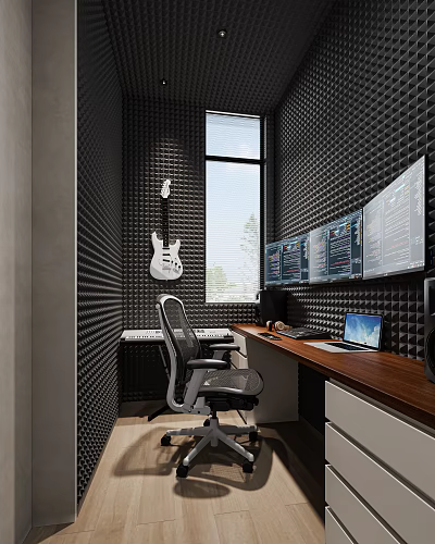 Modern Home Studio Interior With Acoustic Panels Guitar And Monitors 3d model