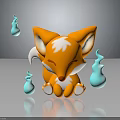 Cute Little Orange Fox With White Head Fur Sitting Near Small Blue Flame Creatures