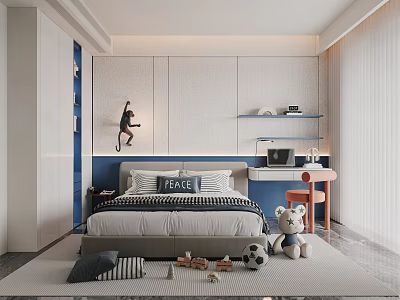 Modern Bedroom Interior With Comfortable Bed Pillows Teddy Bear Soccer Ball And Desk 3d model