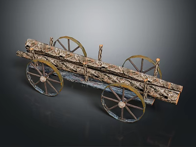 Antique Wooden Cart With Large Spoked Wheels Rustic Wooden Frame And Metal Rims 3d model