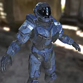 Blue Mech Warrior Standing In Ruined Building With Stone Walls And Light Rays