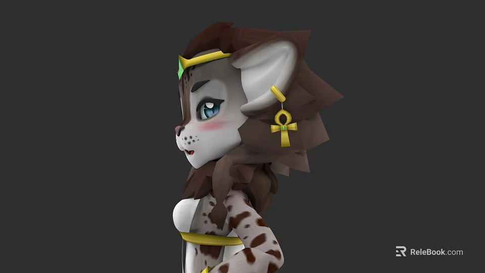 3D Egyptian Themed Lioness Character With Golden Headdress Green Gem And Ankh Symbol 3d model 