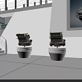 Modern Exhibition Booth Design With Open Layout Red Seats Display Screens And Circular Counter