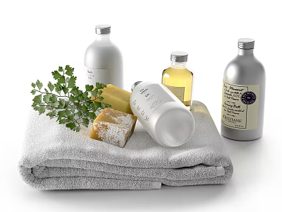 Essential Stylish Bathroom Accessories With Soft Towels Soap Liquid Bottles And Greenery 3d model