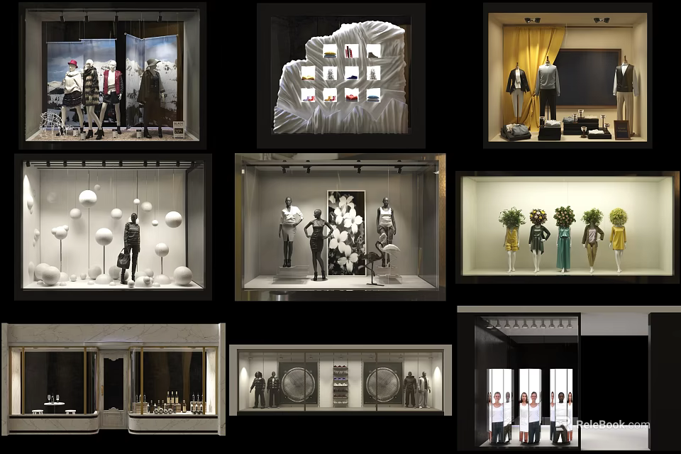 Creative Modern Window Display Featuring Fashion Mannequins Decorative Elements And Lighting 3d model 