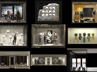 Creative Modern Window Display Featuring Fashion Mannequins Decorative Elements And Lighting 3d model