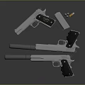 Silver Pistols And Handguns With Bullets And Magazines On Dark Surface