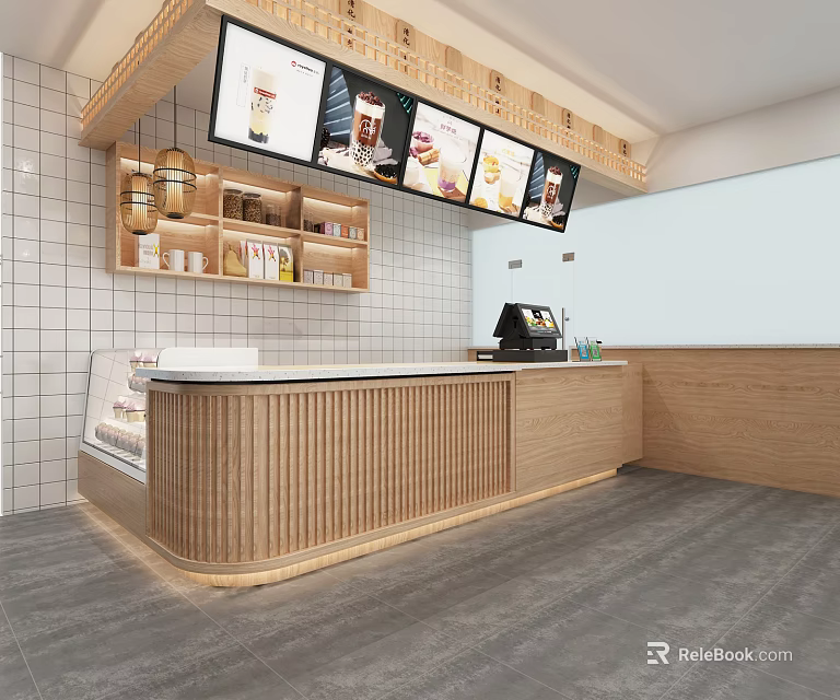 Wooden Service Counter in Modern Café Interior with Hanging Menu Screens Shelves and Coffee Machine 3d model 