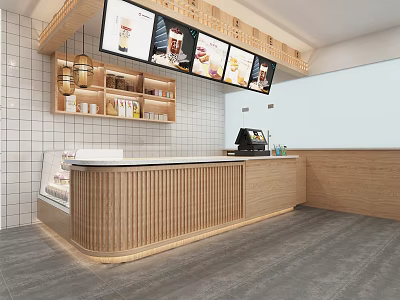 Wooden Service Counter in Modern Café Interior with Hanging Menu Screens Shelves and Coffee Machine 3d model
