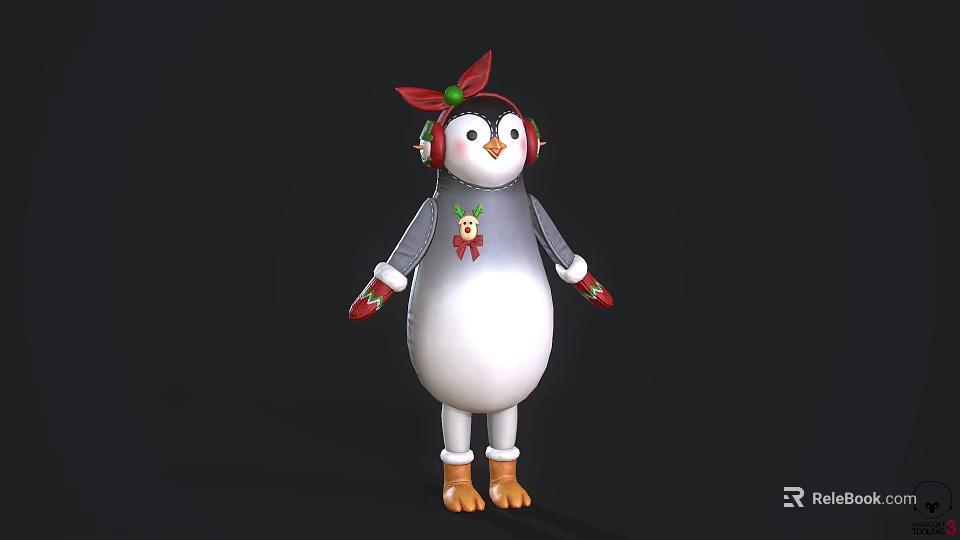 Christmas Themed Penguin Doll With Red Earmuffs Gloves Bow And Brown Boots 3d model 