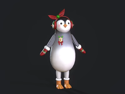 Christmas Themed Penguin Doll With Red Earmuffs Gloves Bow And Brown Boots 3d model