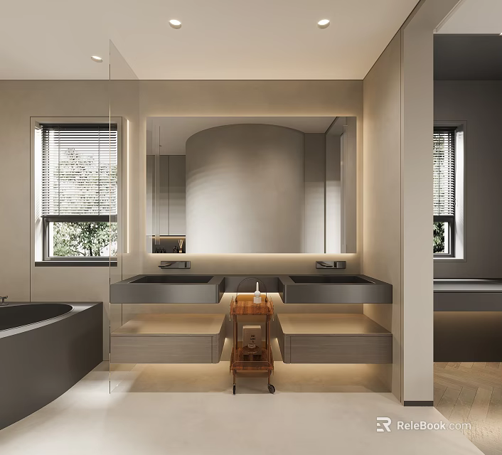 Modern Bathroom Interior With Double Sinks Large Mirror Bathtub And Window 3d model 