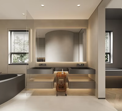 Modern Bathroom Interior With Double Sinks Large Mirror Bathtub And Window 3d model