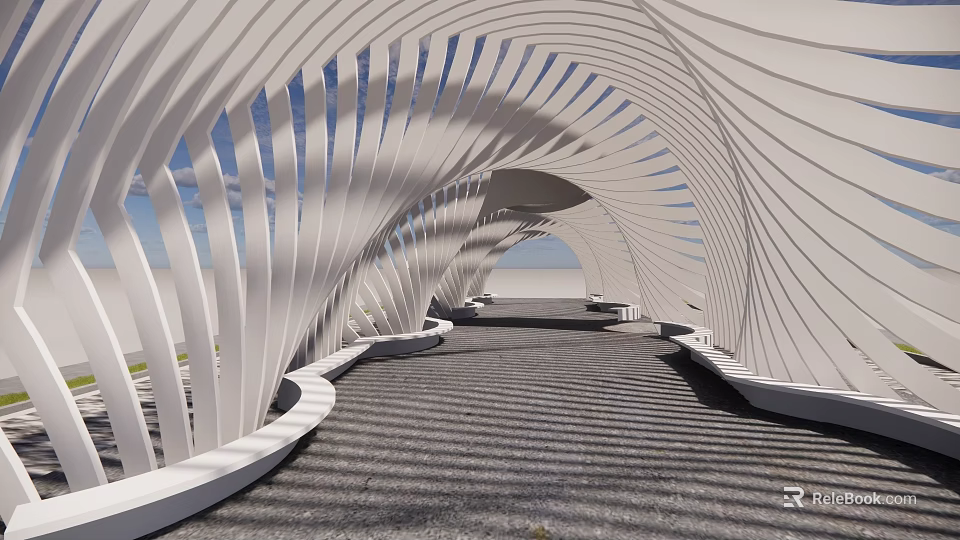 Modern White Curved Strip Architectural Structure Forming Arched Passage With Gray Paving And Light Shadows 3d model 