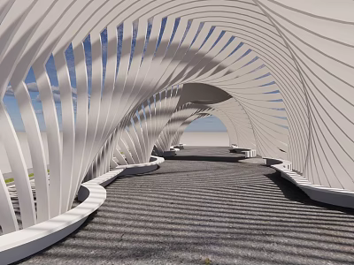Modern White Curved Strip Architectural Structure Forming Arched Passage With Gray Paving And Light Shadows 3d model