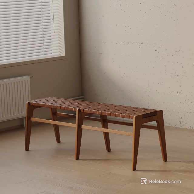 Wooden Bench with Woven Seat Design in Room Corner Light Walls Wooden Floor and Blinds 3d model 