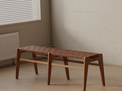 Wooden Bench with Woven Seat Design in Room Corner Light Walls Wooden Floor and Blinds 3d model