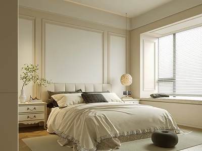 Modern Bedroom Interior With White Bedspread Paneled Wall Round Lamp And Window Blinds 3d model