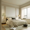 Modern Bedroom Interior With White Bedspread Paneled Wall Round Lamp And Window Blinds