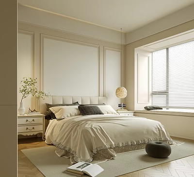 Modern Bedroom Interior With White Bedspread Paneled Wall Round Lamp And Window Blinds 3d model