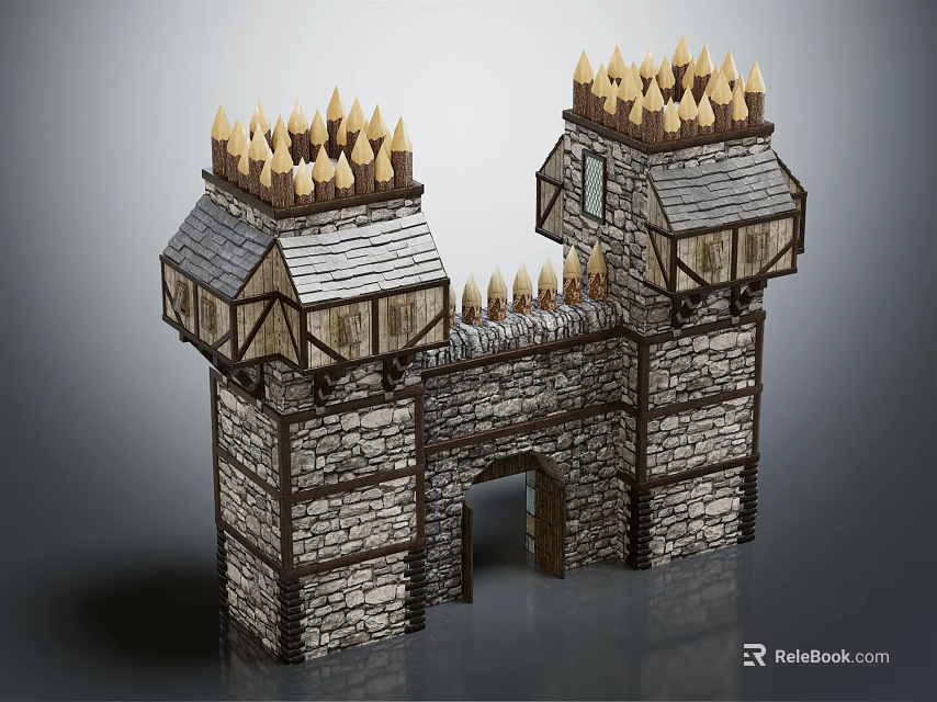 Medieval Castle Gate with Twin Towers Spiked Spires Stone Walls and Wooden Roof Structures 3d model 