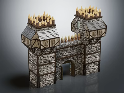 Medieval Castle Gate with Twin Towers Spiked Spires Stone Walls and Wooden Roof Structures 3d model