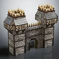 Medieval Castle Gate with Twin Towers Spiked Spires Stone Walls and Wooden Roof Structures