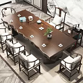 Chinese Style Tea Table and Chairs with Mountain Painting Backdrop and Tea Sets