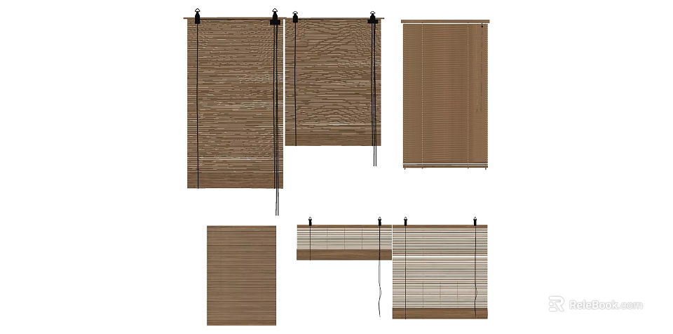 Wooden Window Blinds In Various Styles And Positions For Home Interior 3d model 