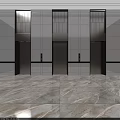 Modern Elevator Lobby With Three Dark Doors Light Tiled Walls And Marble Patterned Flooring 3d model