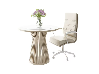 Modern Round Table and Beige Chair with Vertical Slat Base Upholstered Armrest and Flower Vase 3d model