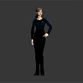 Stylish Woman In Dark Blue Top And Black Pants Standing With Hand On Hip