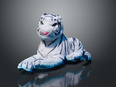 Soft White Tiger Plush Toy Lying On Shiny Black Surface With Clear Reflection 3d model