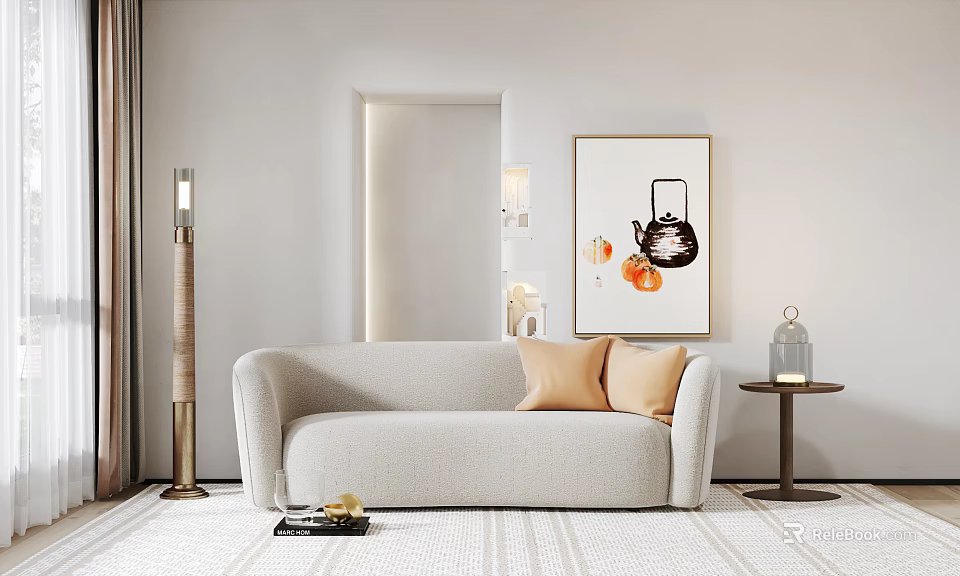 Minimalist Beige Multi-Seat Sofa With Orange Cushions Decorative Painting And Floor Lamp 3d model 