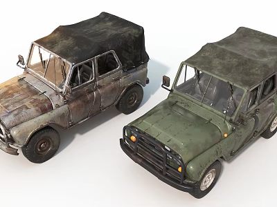 Two Vintage Off Road Vehicles With Worn Out Bodies And Rusty Exteriors 3d model