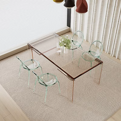 Dining Table Set With Glass Top Transparent Chairs And Brass Frame By Window With Curtains 3d model