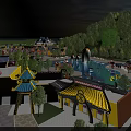 Amusement Park With Chinese Style Architecture Yellow Roofs Blue Decorations Pool Castle Hills And Trees