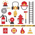 Fire Safety Equipment Silhouettes With Helmet Extinguisher Hydrant Ladder Caution Tape And Flame Icons