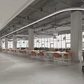 Modern Dining Hall Interior With White Orange Chairs Round Pendant Lights And Large Windows