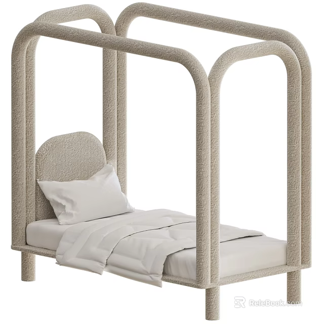 Modern Kids Bed With Woven Headboard Arched Frame And Soft White Bedding 3d model 