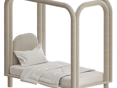 Modern Kids Bed With Woven Headboard Arched Frame And Soft White Bedding 3d model
